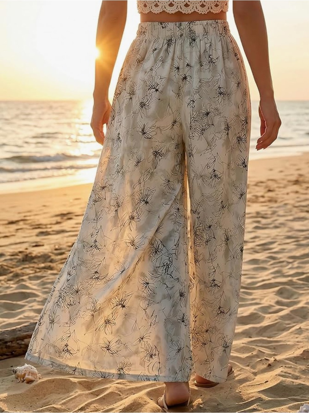 Chic Nation Cream Wide-Leg Floral Beach Pants